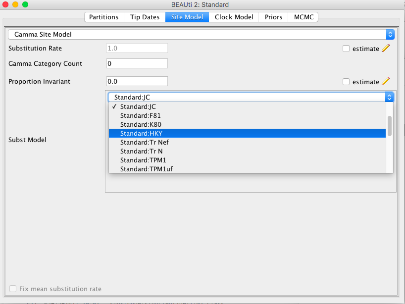 BEAUti Site Model Panel