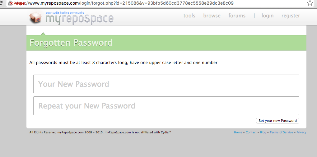 Password reset page