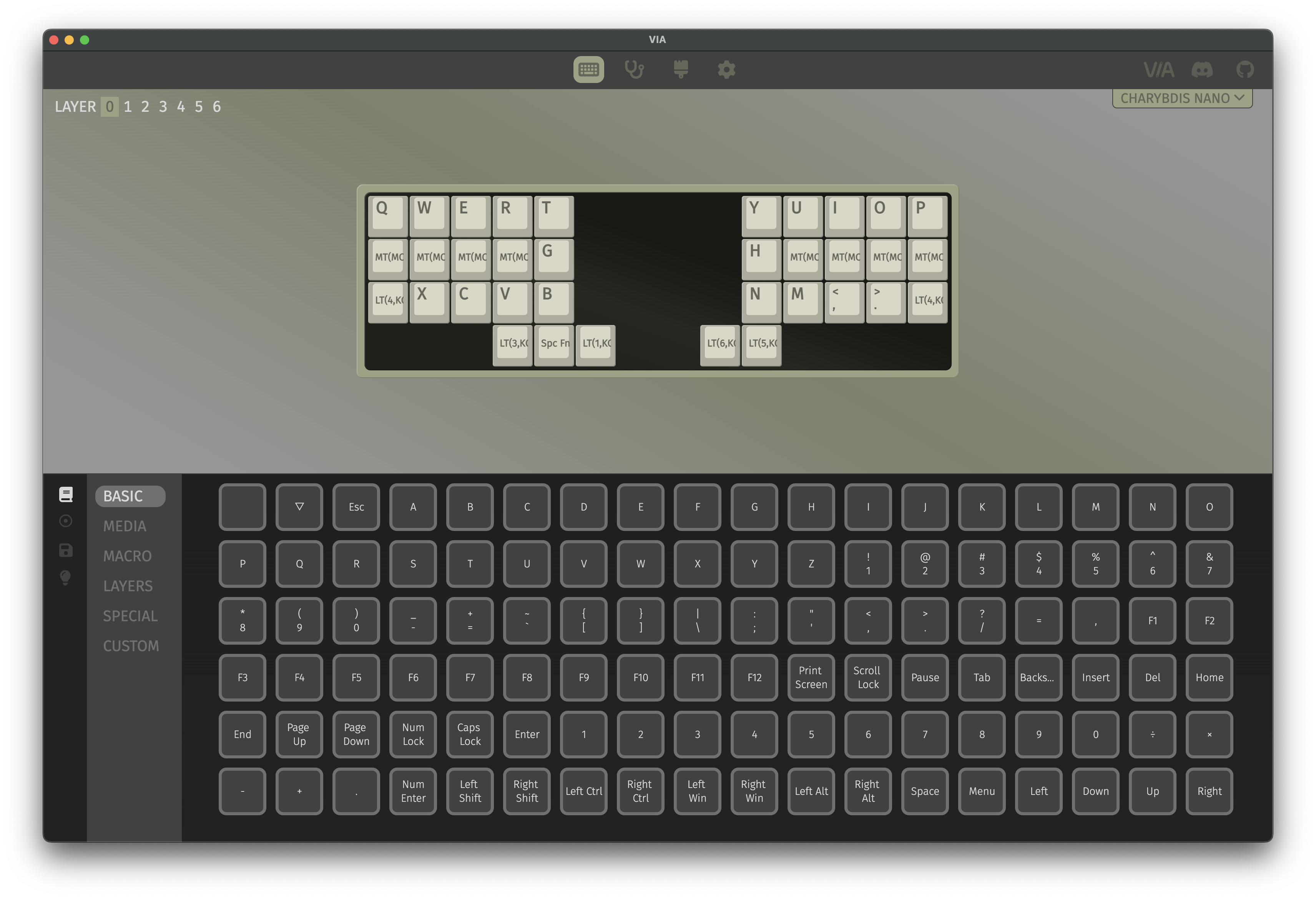 The Via interface on a Charybdis Nano