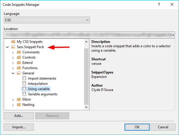 Sass Snippet Pack in the Code Snippet Manager of Visual Studio 2017