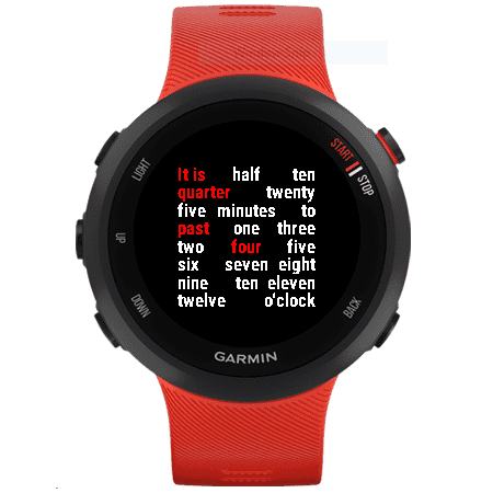 A watchface expressing the time as 'It is quarter past four'.