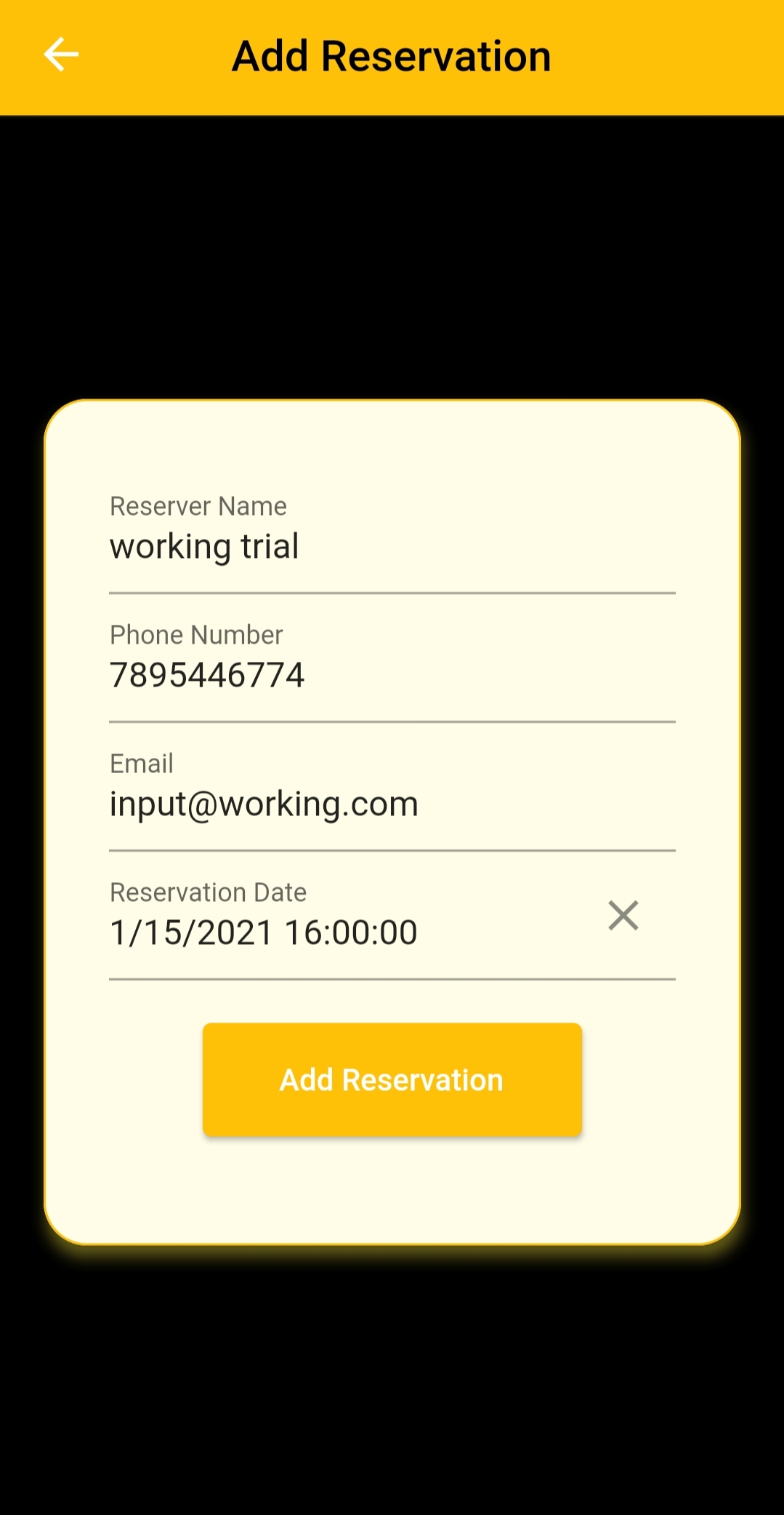 Add Reservation Screen(Dark)