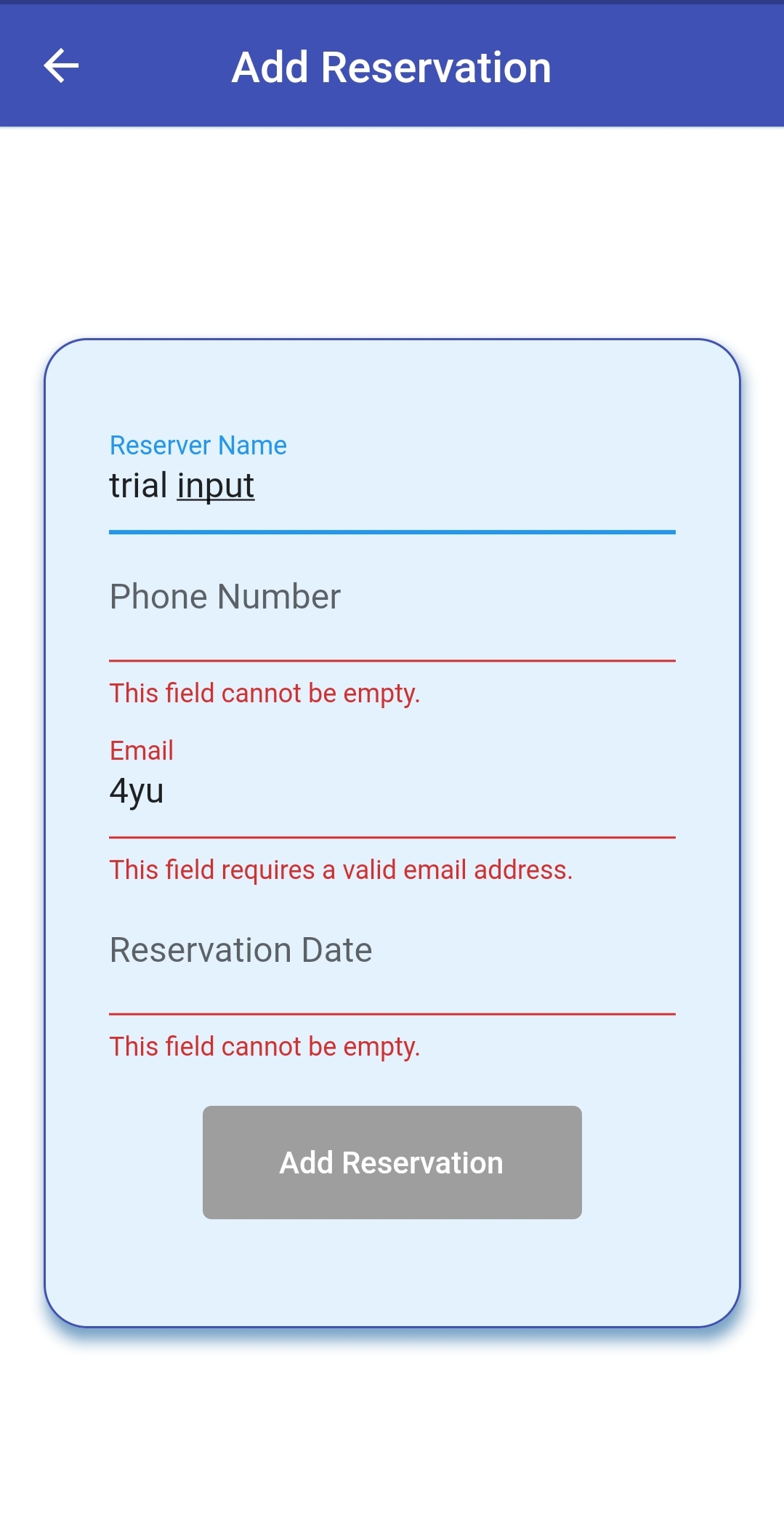 Add Reservation Screen(Light)