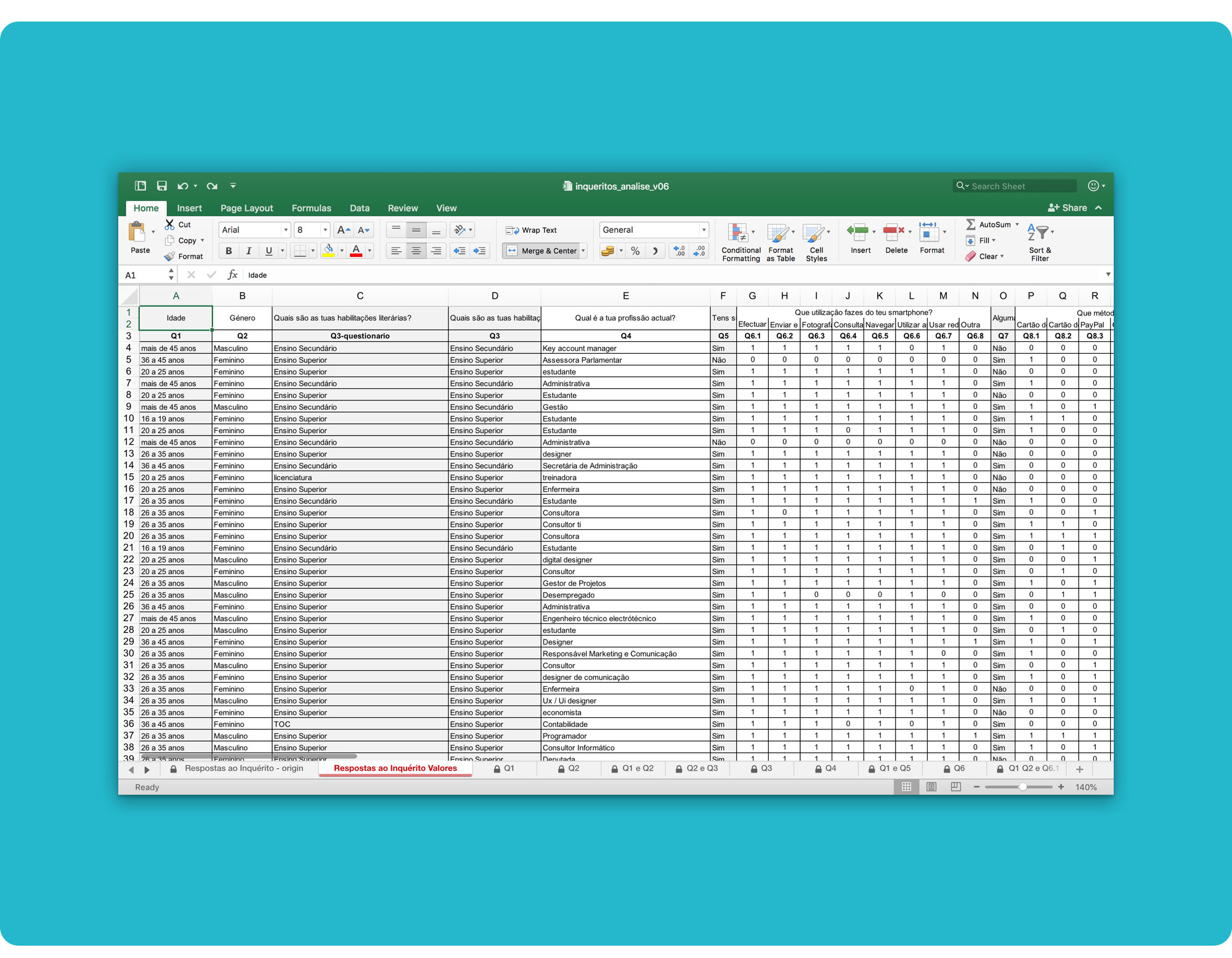 Survey data analysis detail. Excel screenshot