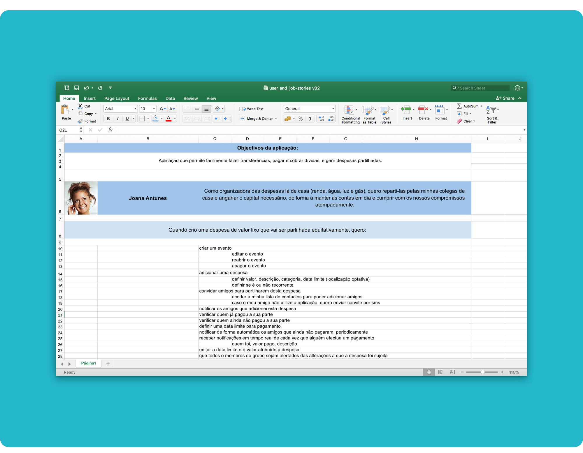 Excel spreadsheet showing part of our user and job stories