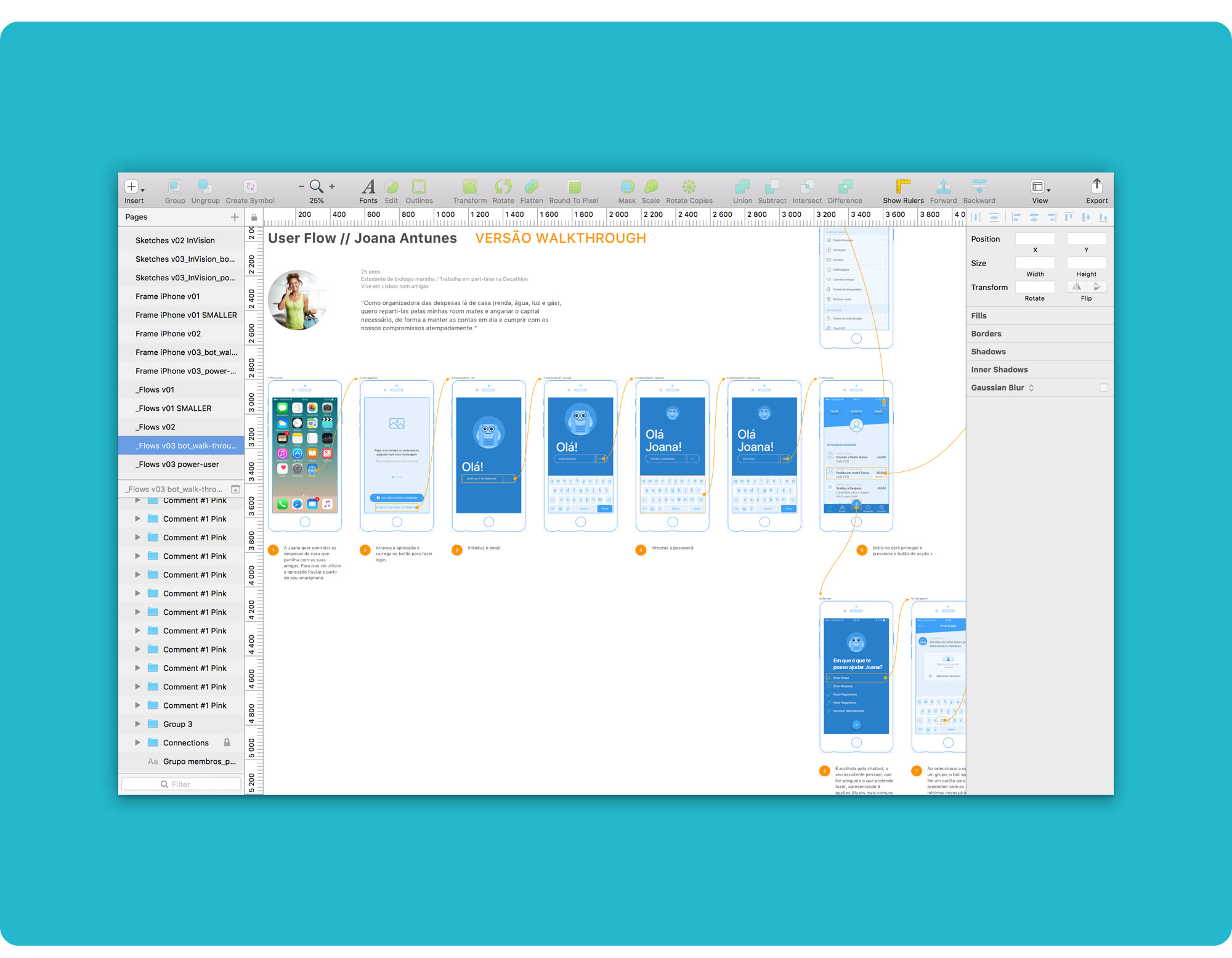 Sketch document detail showcasing part of Joana’s user flow.