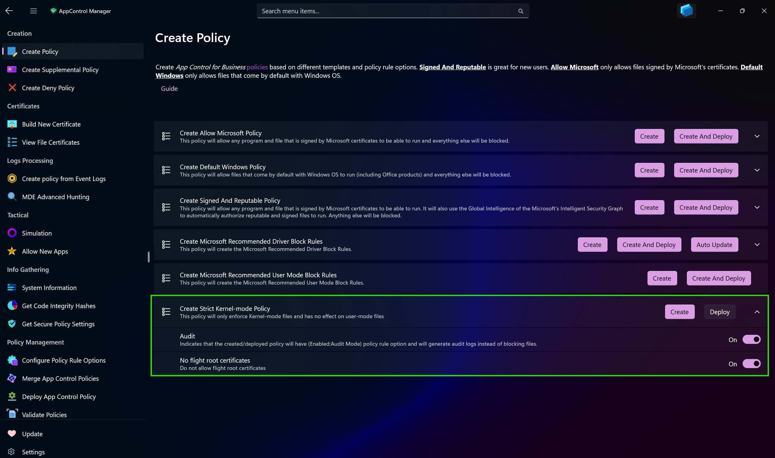 creating new base strict kernel mode policy