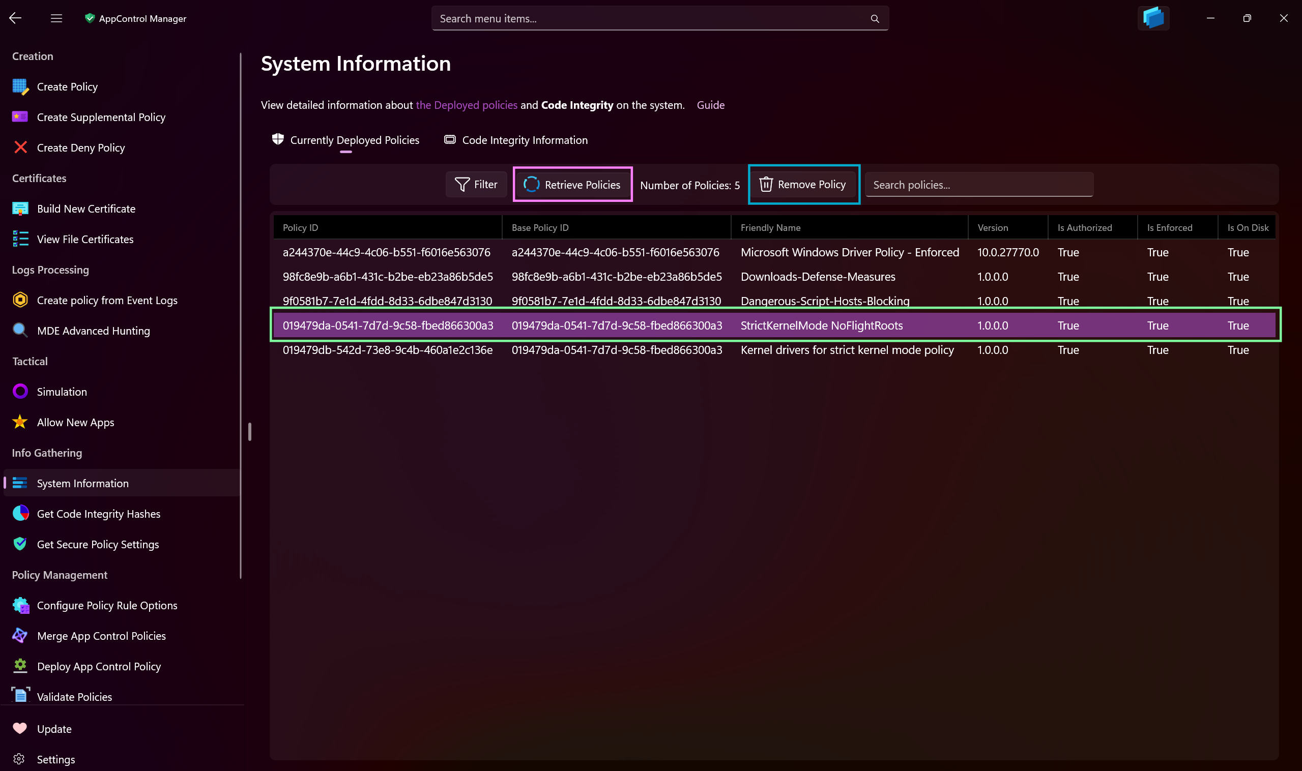 Removing app control policy using AppControl Manager