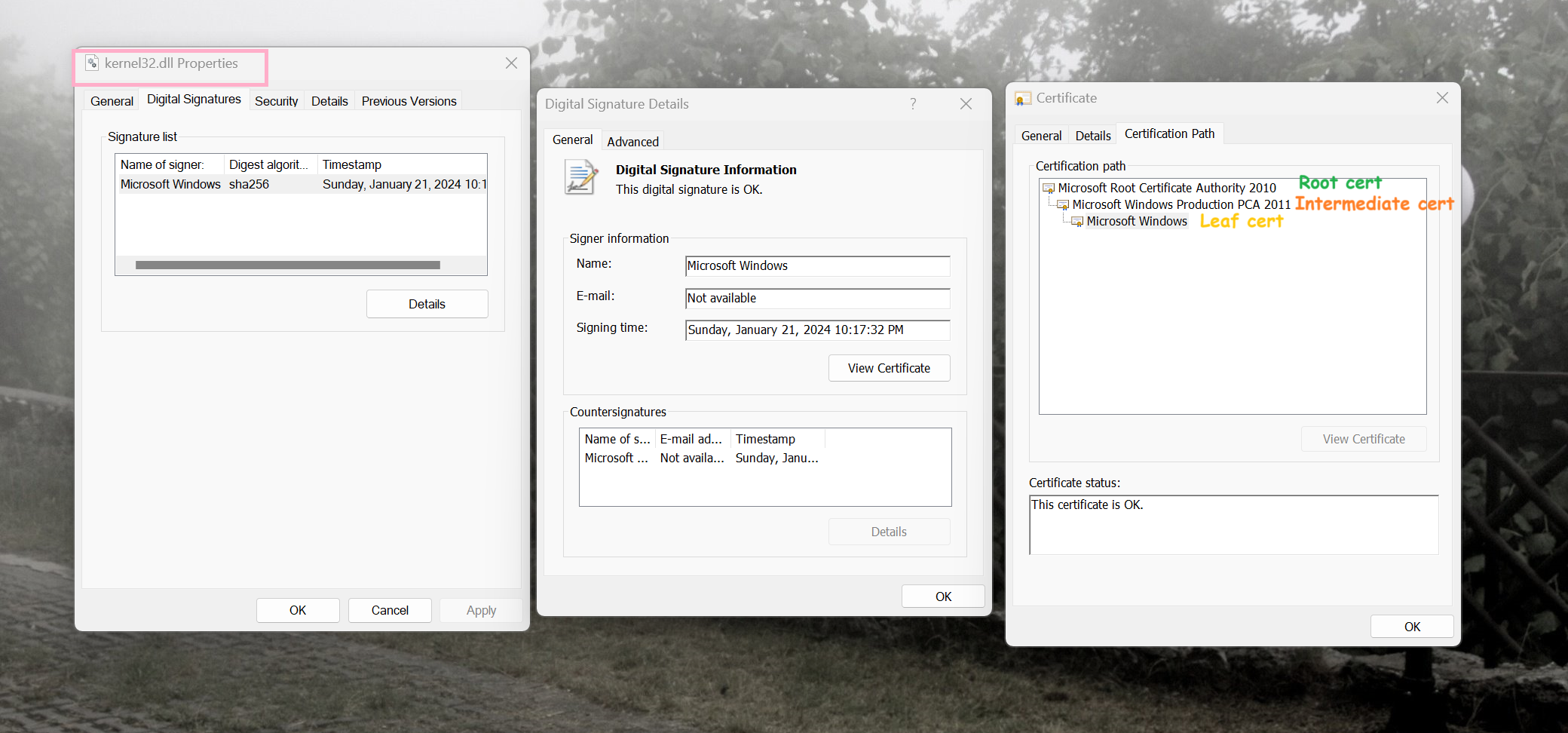 Windows kernel32dll certificates