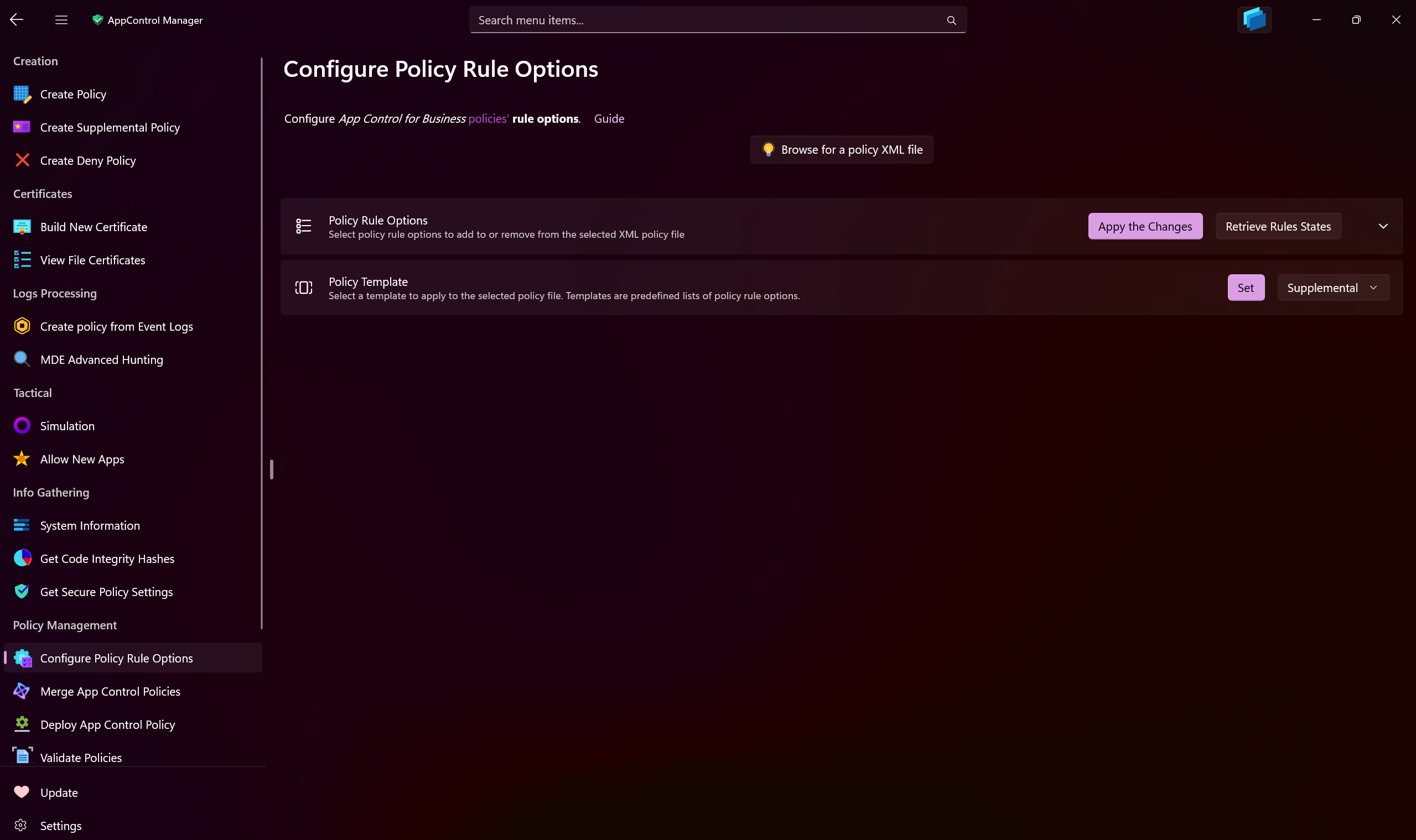 AppControl Manager Application's Configure Policy Rule Options Page