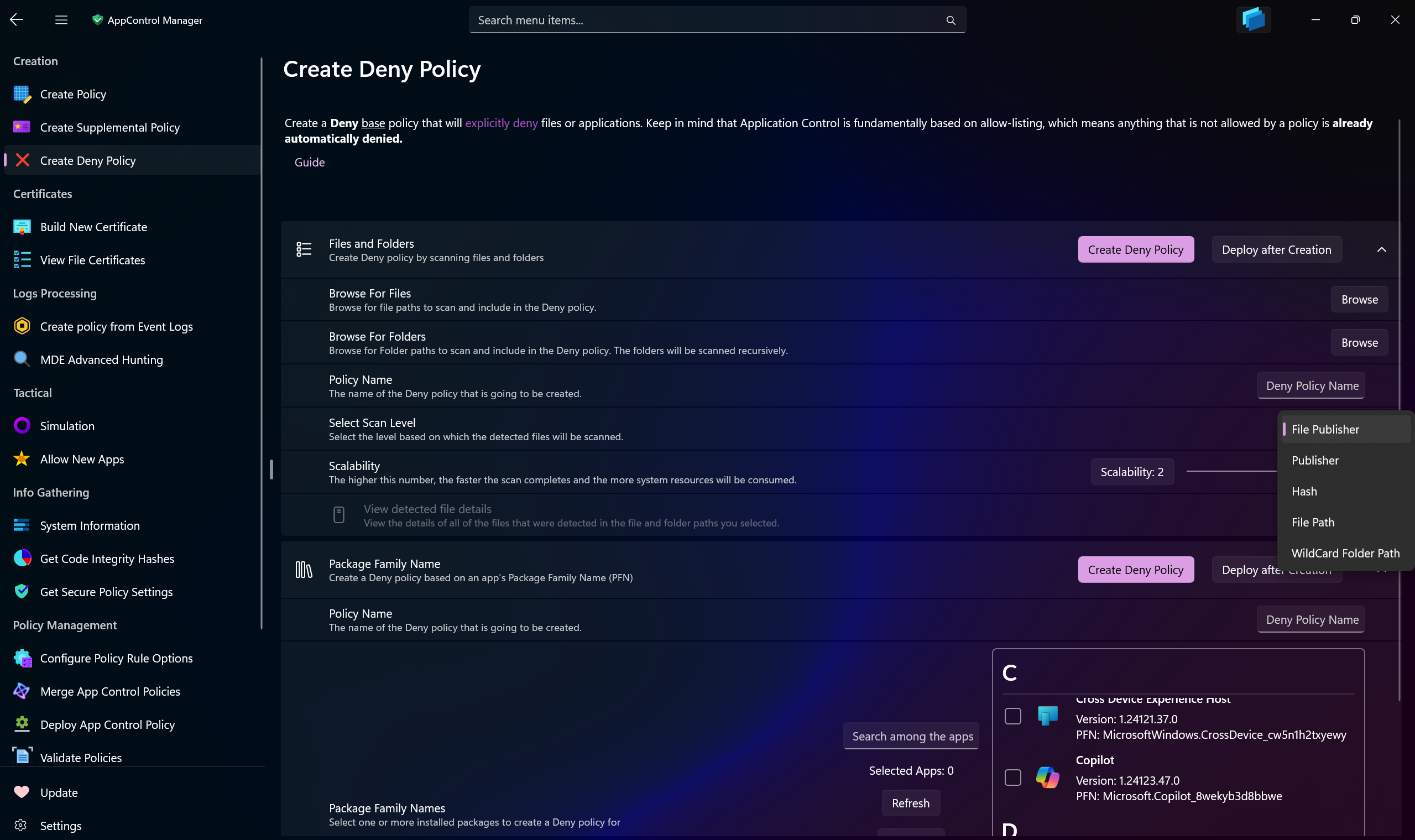 AppControl Manager Application's Create Deny Policy Page