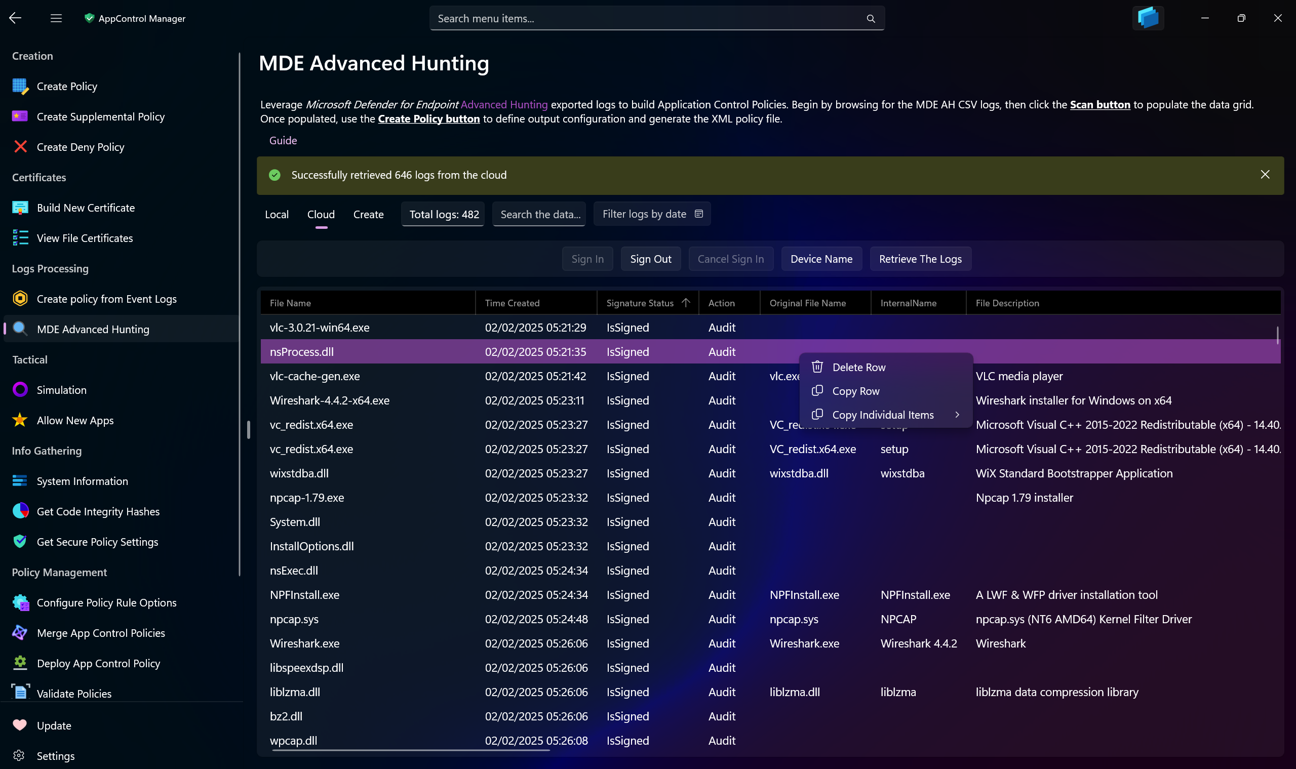 AppControl Manager Application's Create Policy From MDE Advanced Hunting Page