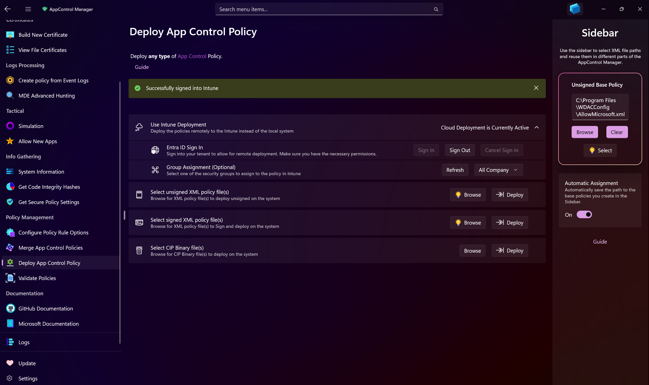 AppControl Manager Application's Deploy App Control Policy Page