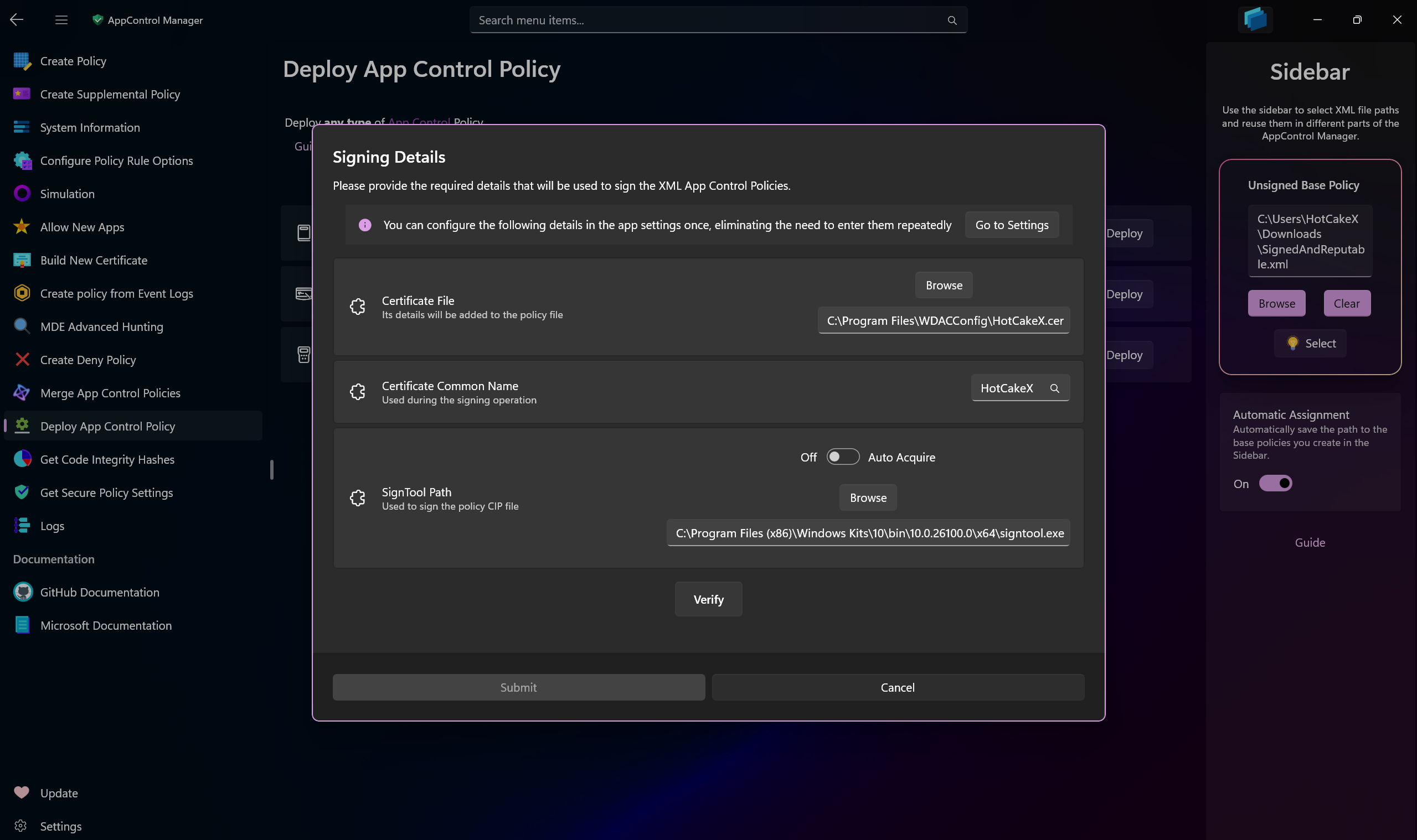 AppControl Manager Application's Content Dialog for Policy Signing details