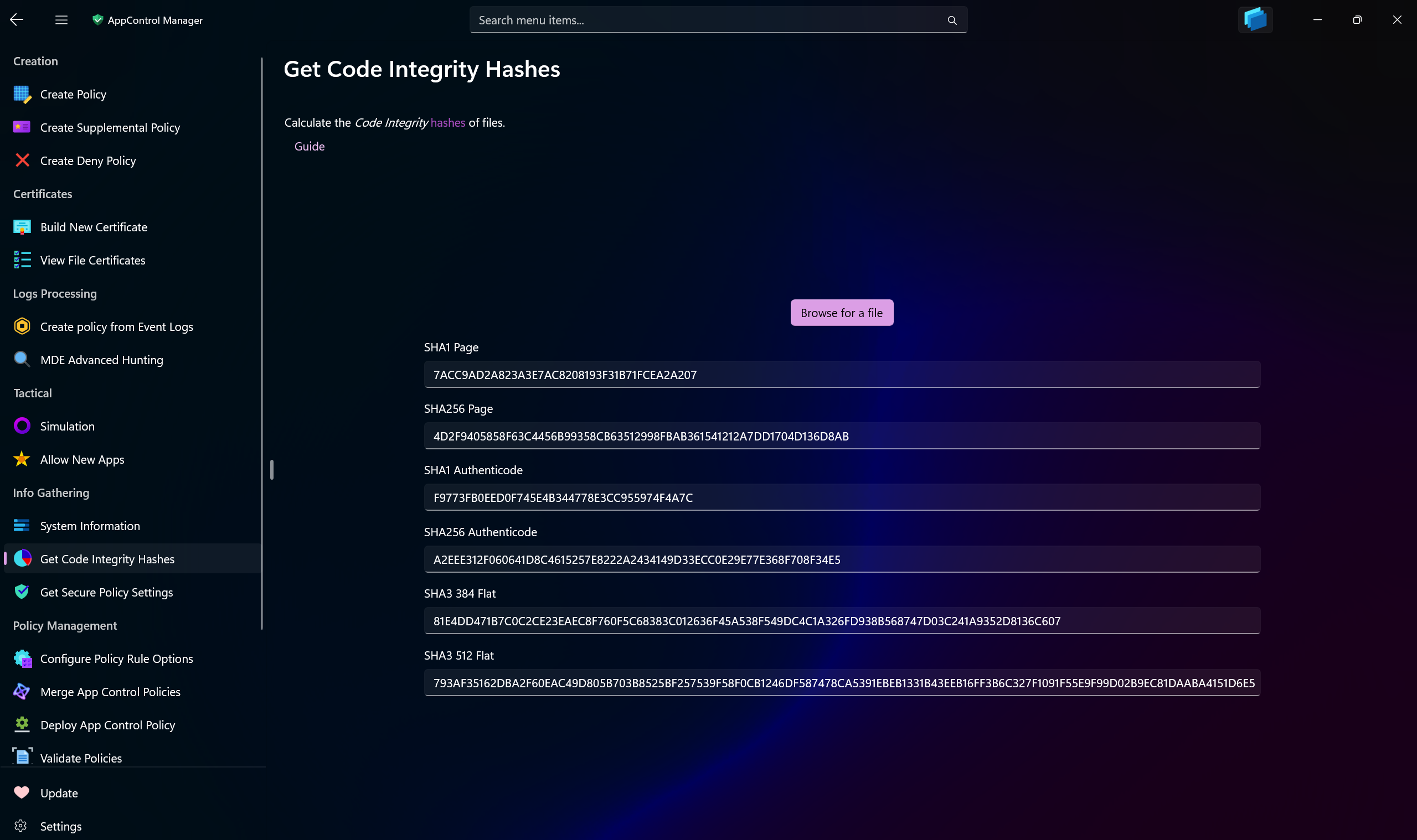 AppControl Manager Application's Get Code Integrity Hashes Page