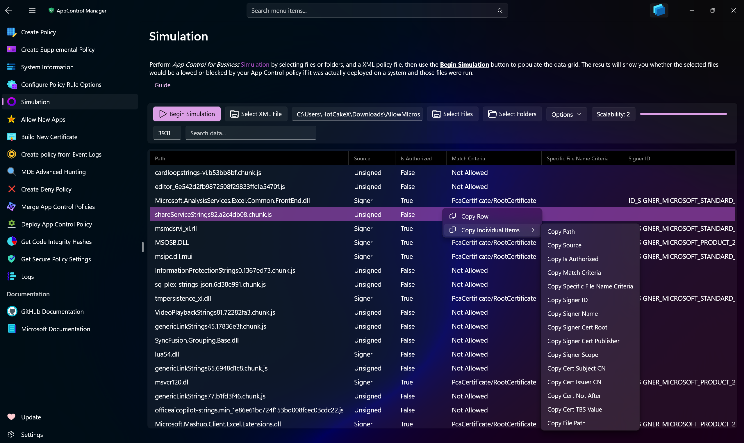 AppControl Manager Application's Simulation Page