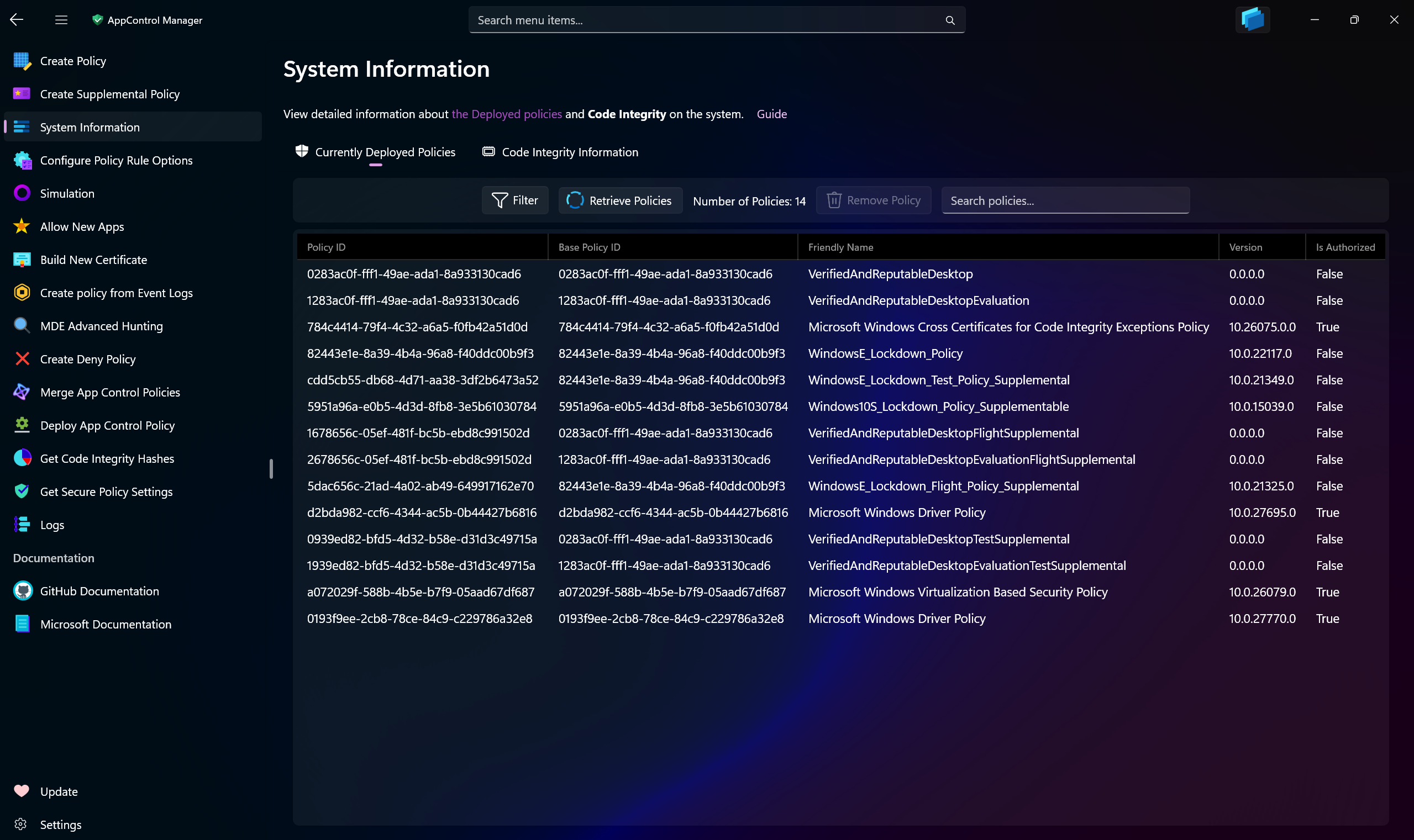 AppControl Manager Application's System Information Page