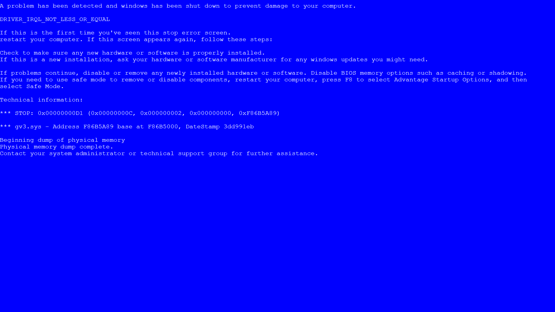 Screenshot of the blue screen