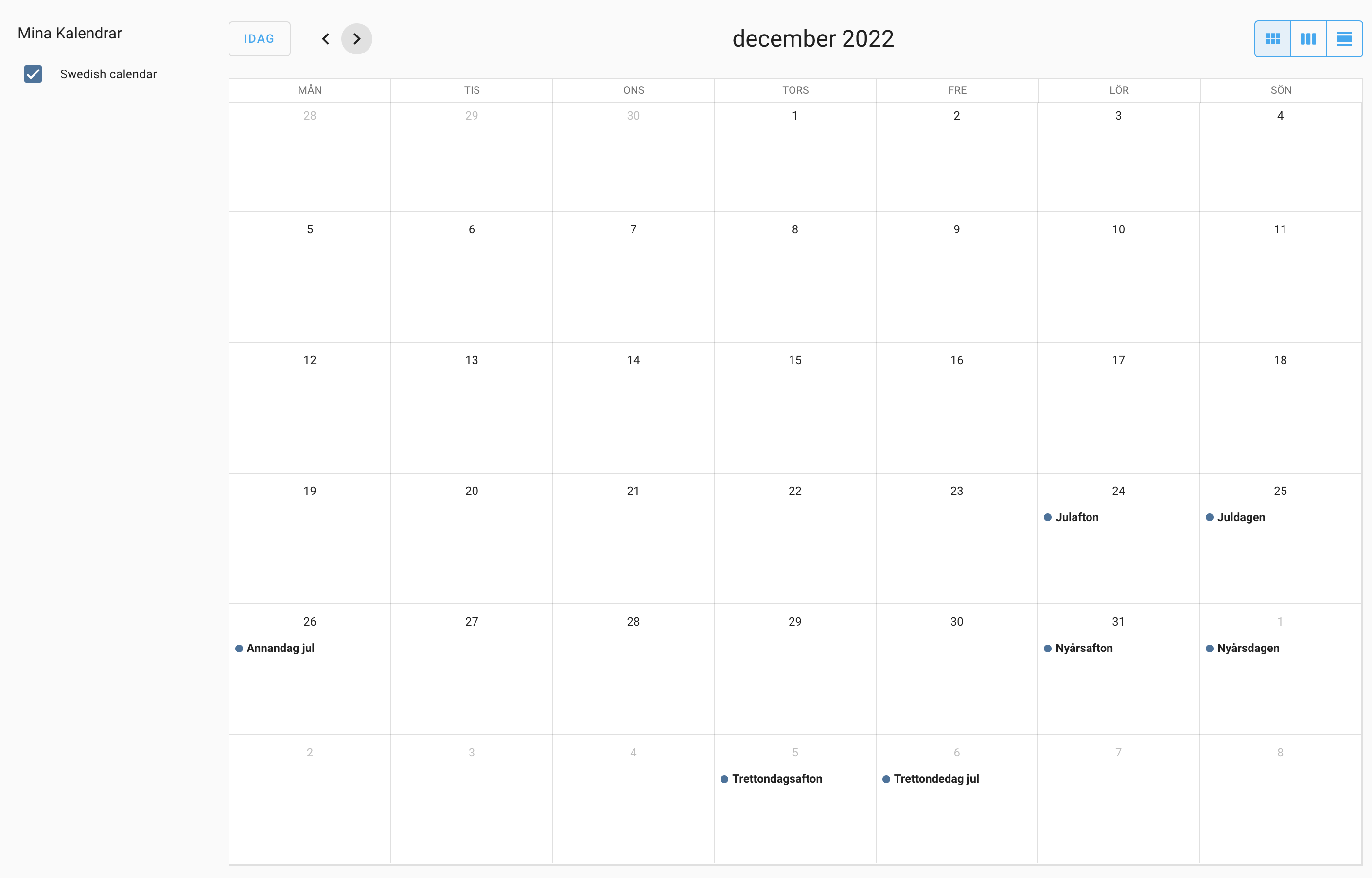 Swedish calendar view