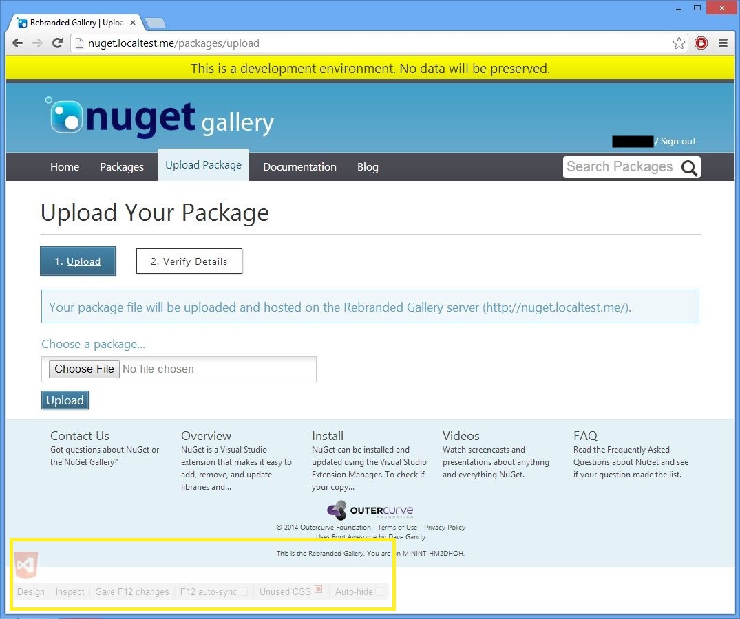 Screenshot of the browser on the nuget.localtest.me/packages/manage/upload page