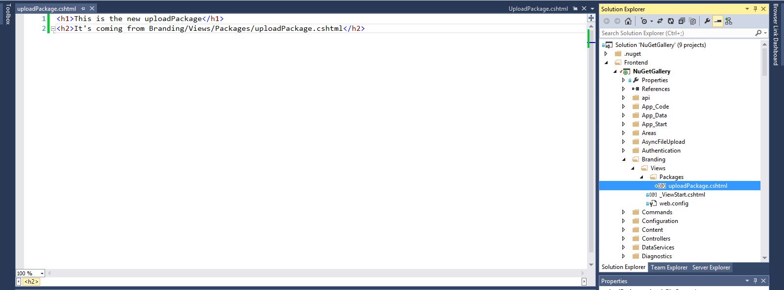 screenshot showing both the editor and the solution explorer with the new Branding/Views/Packages/Manage/uploadPackage.cshtml page