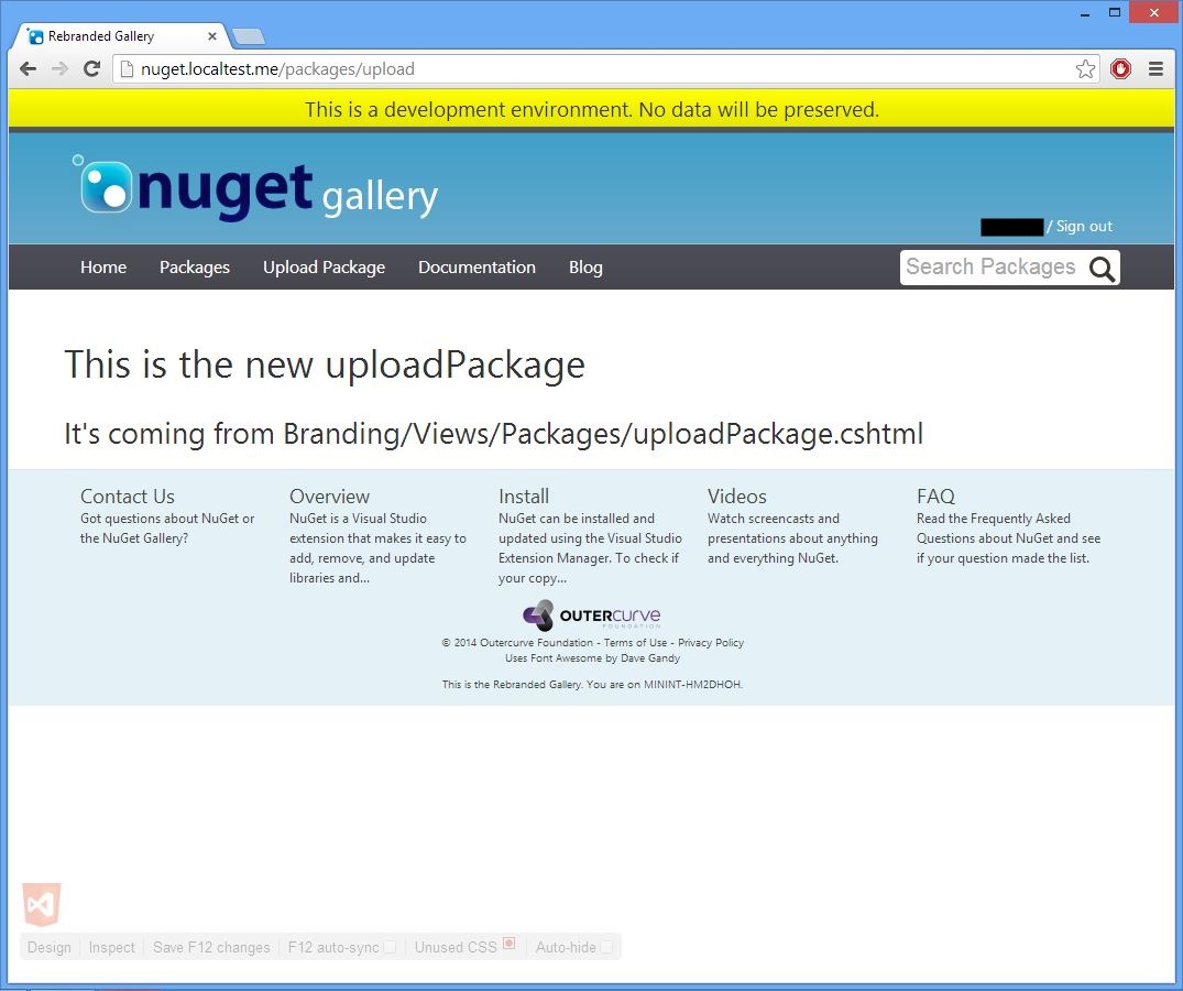 screenshot of the browser displaying the new http://nuget.localtest.me/packages/manage/upload page, with the re-branding override