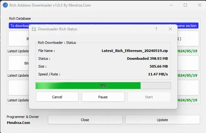 screenshot dl status from rich address downloader v1.0.3