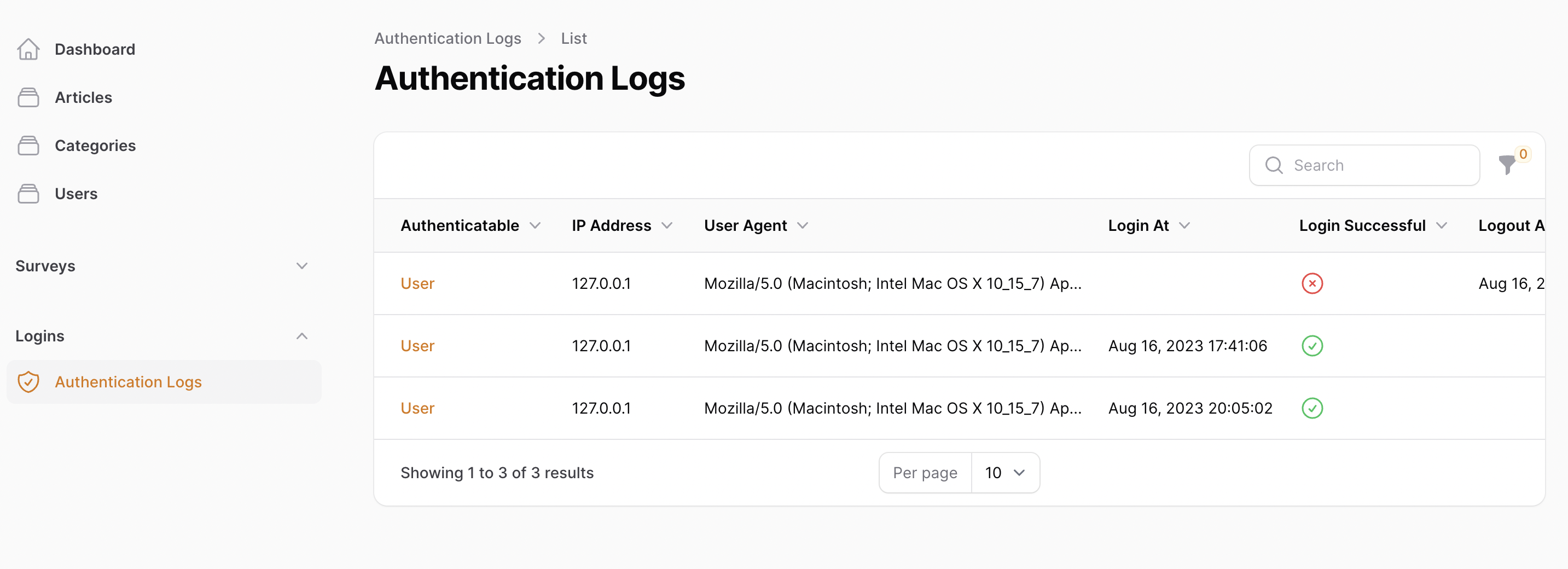 Filament Authentication Log Resource