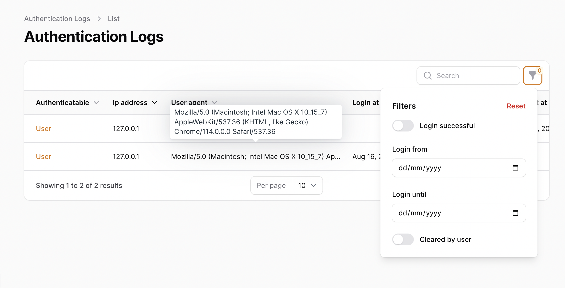 Filament Authentication Log Resource with filters and tooltip