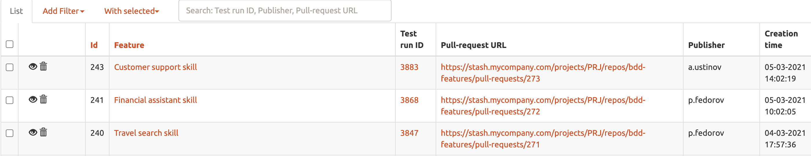 Feature published versions list