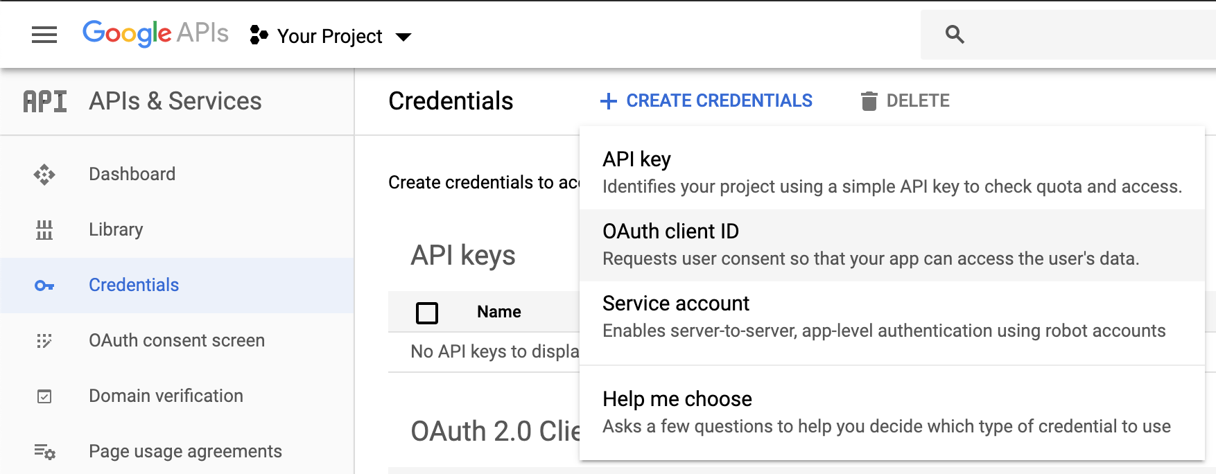 Menu to create credentials