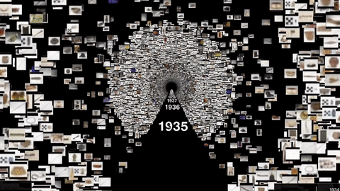 An animated gif of the Collectionscope timeline layout where the camera is flying through a tunnel of items organized by time