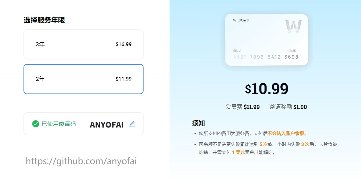 选择服务年限，输入邀请码“ANYOFAI”，并完成支付