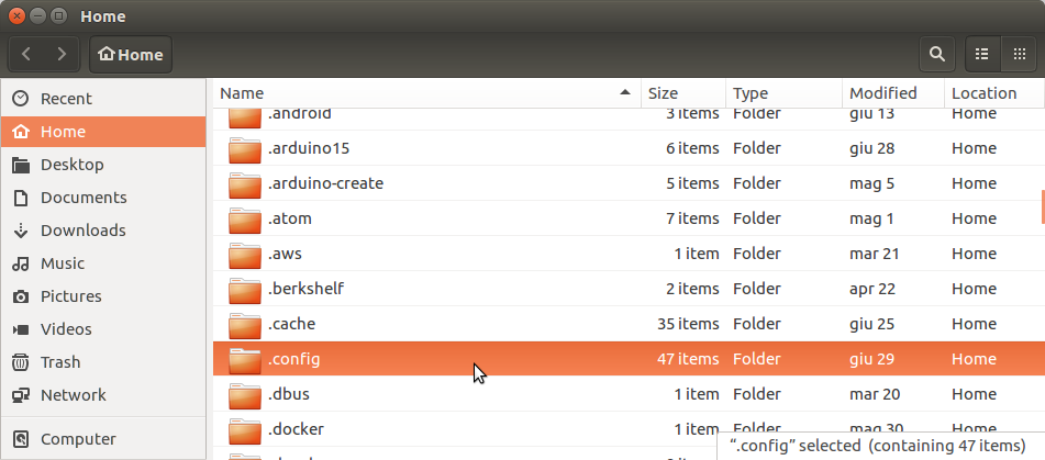 Select the .config dir in your home