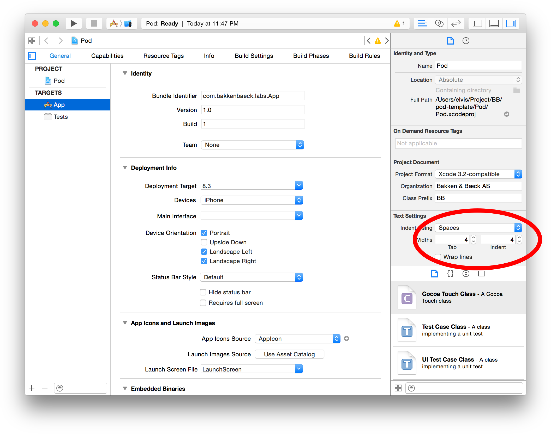 Xcode indent settings