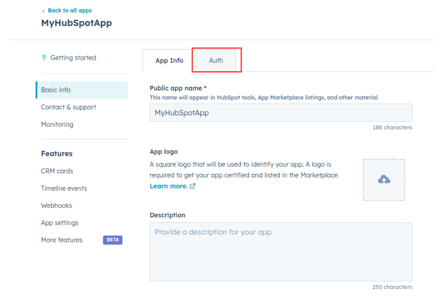 Hubspot app auth tab