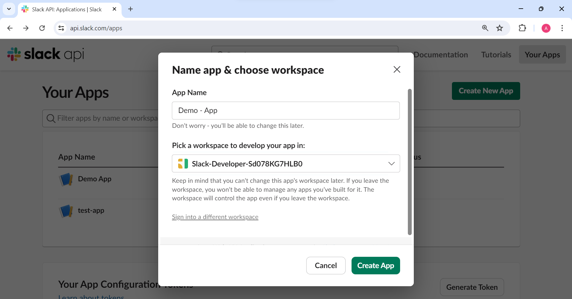 Create Slack App Popup