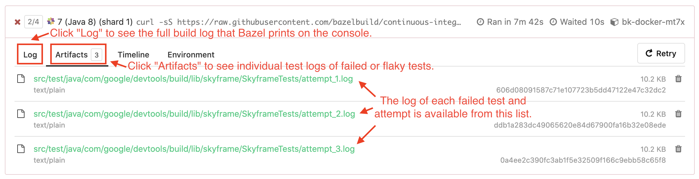 buildkite testlog buttons