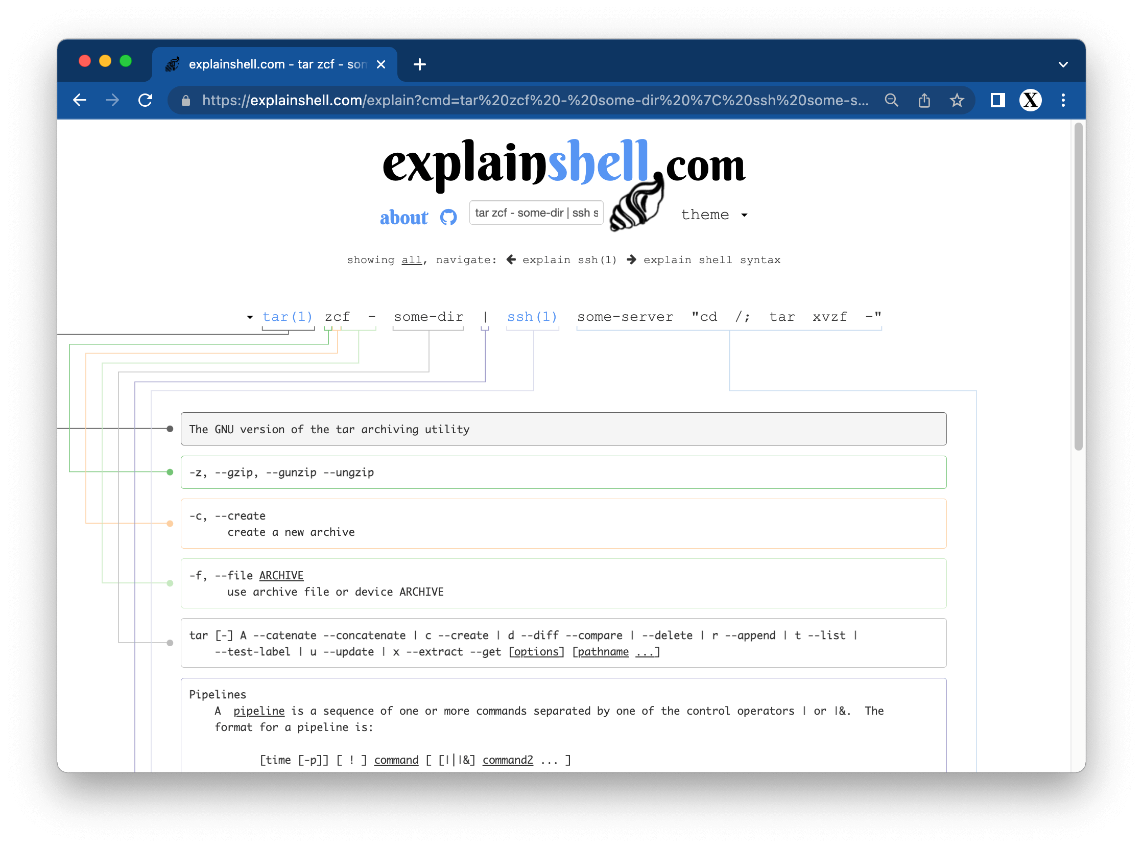 explainshell.com - match command-line arguments to their help text