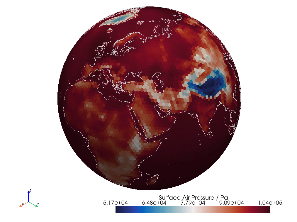 DYNAMICO Model, Unstructured Hexagonal Mesh of Surface Air Temperature