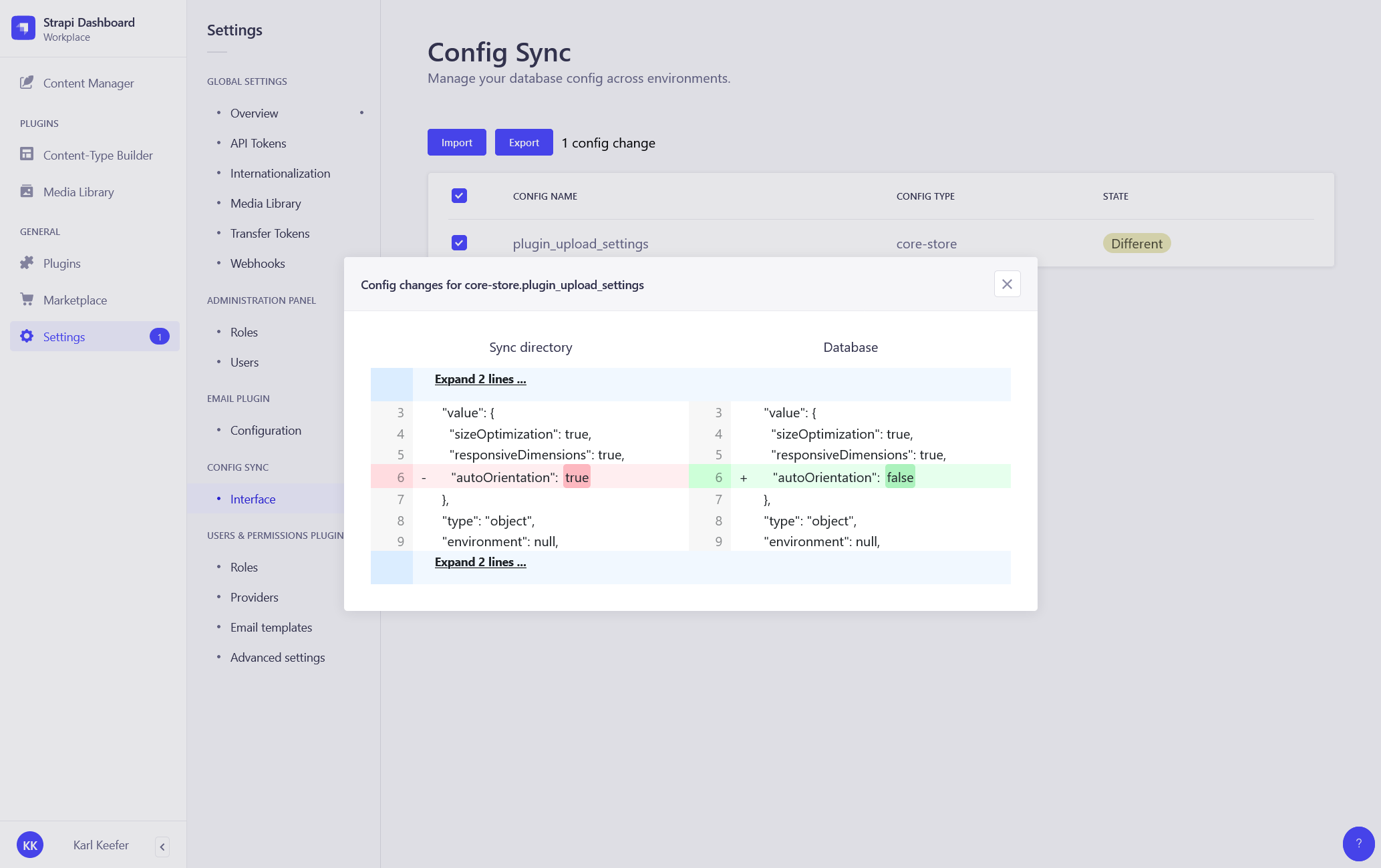 Config diff in admin