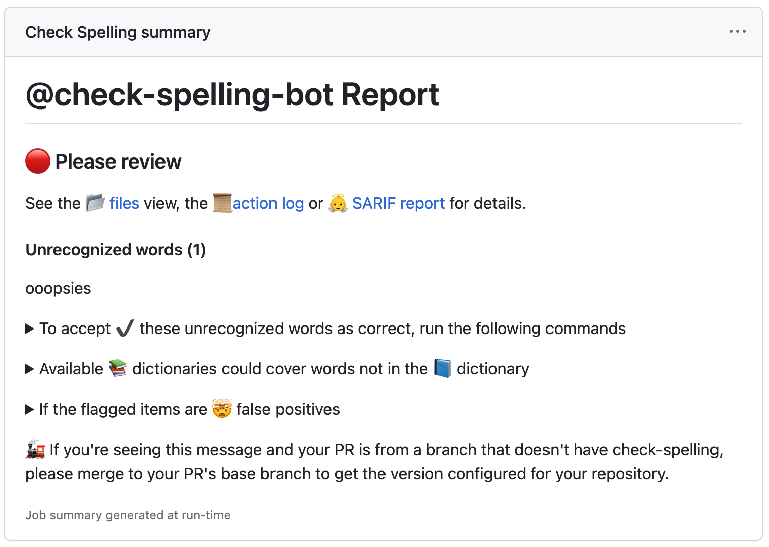 Job summary with advice in response to a commit with a misspelling