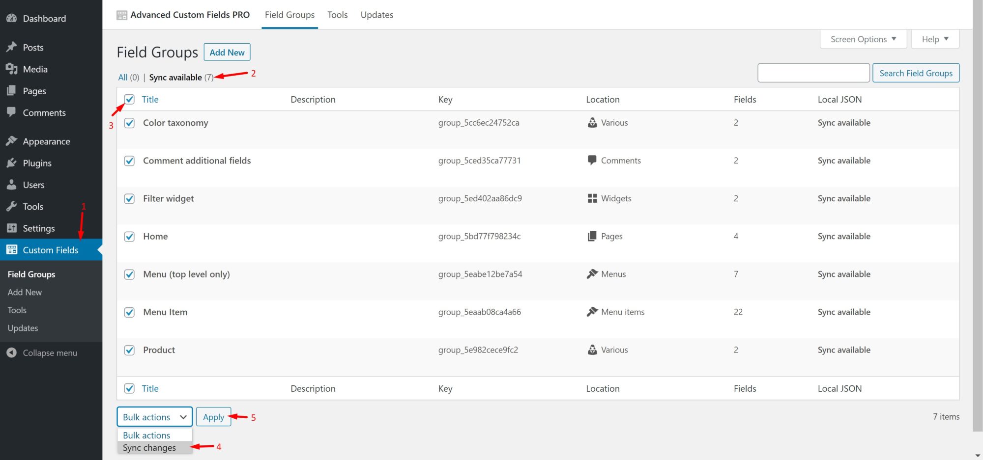 ACF sync settings