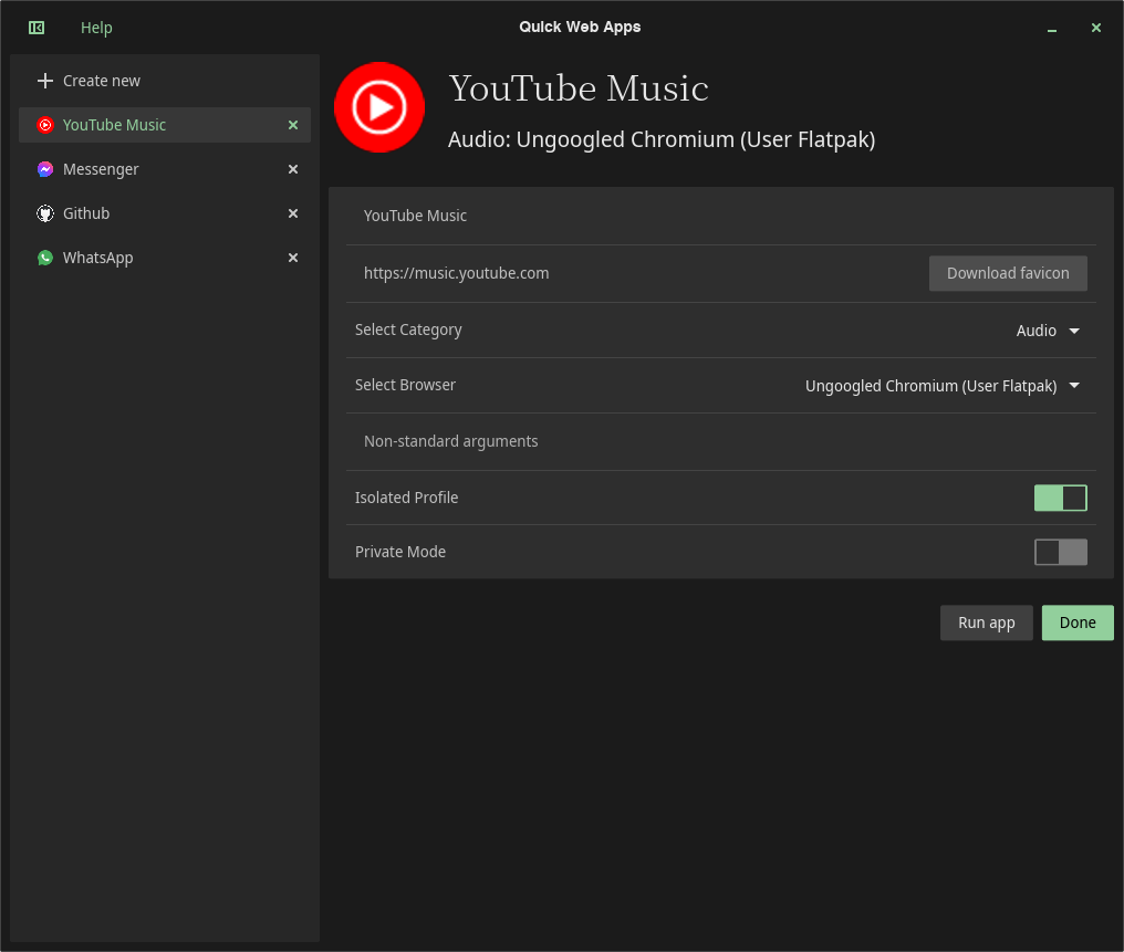 Quick Web Apps Dark window