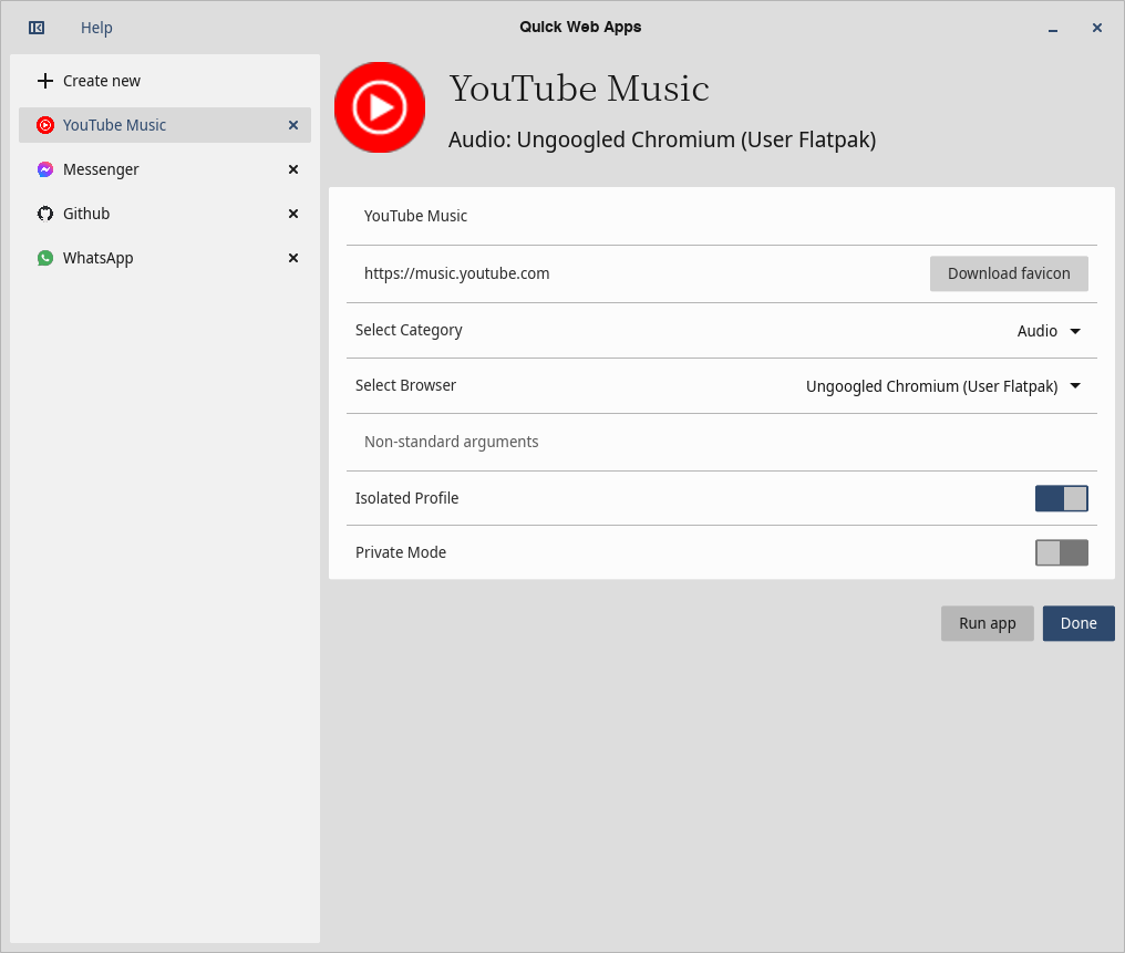 Quick Web Apps Light window