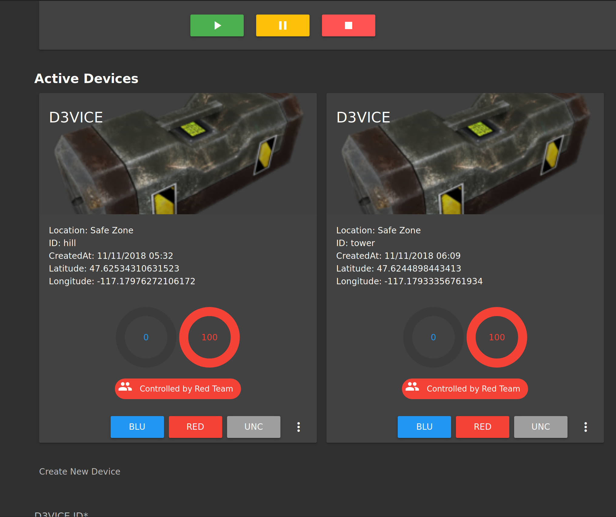 The Controlpointer admin interface boasts the ability to create new D3vices, and remotely change their state.