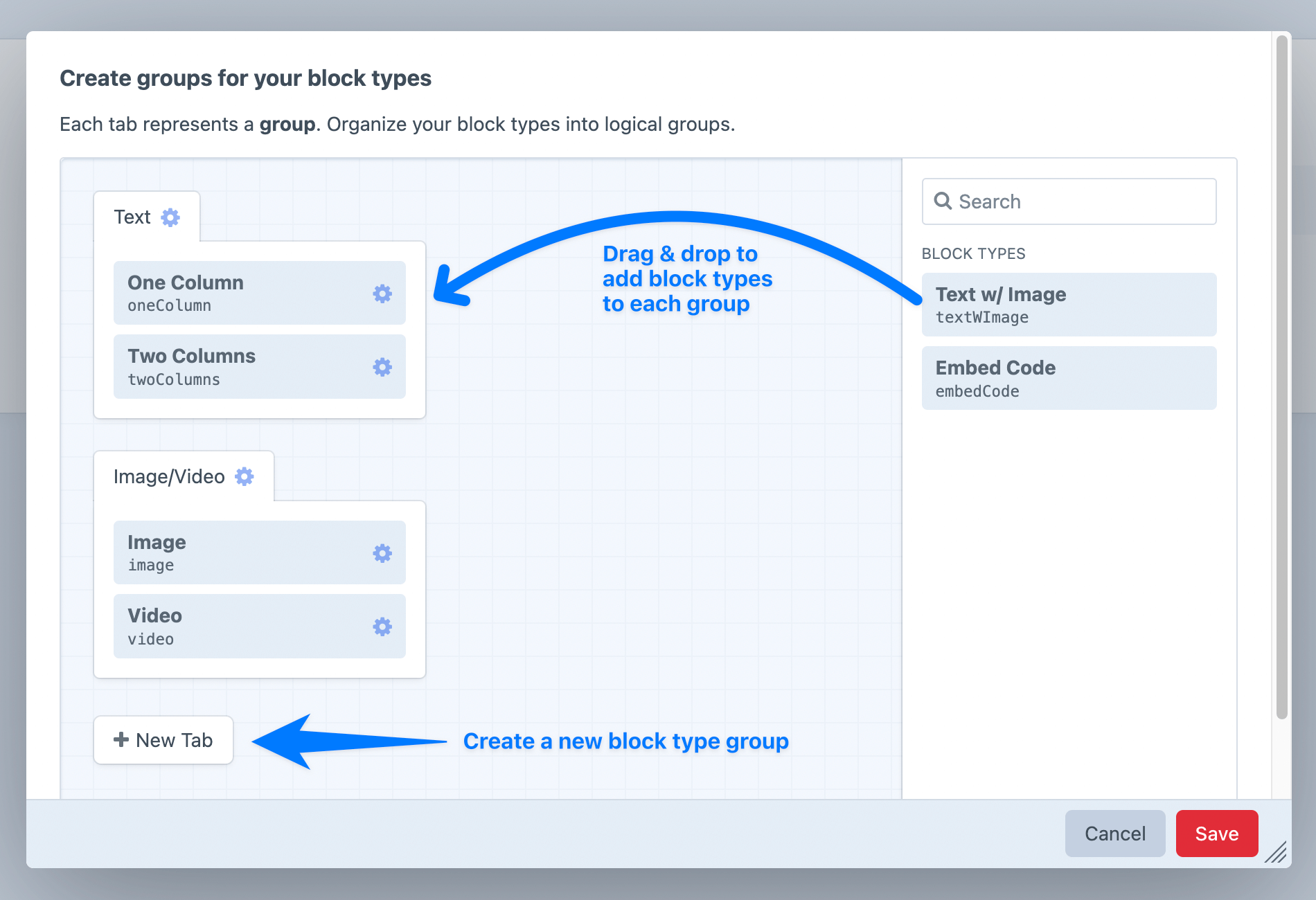 Screenshot of modal where block types can be sorted into groups