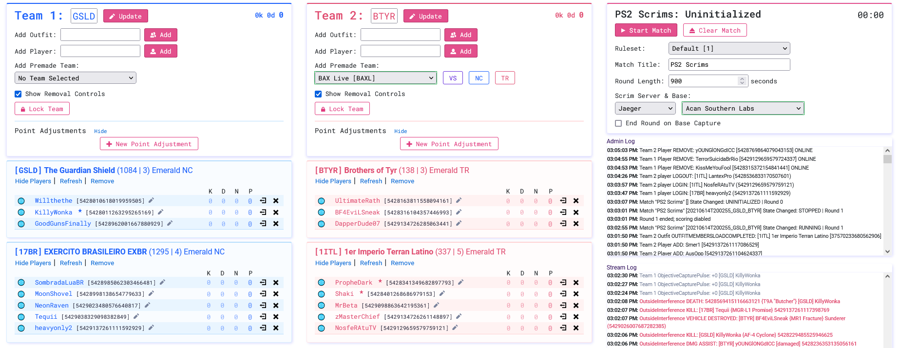 The match and team setup page