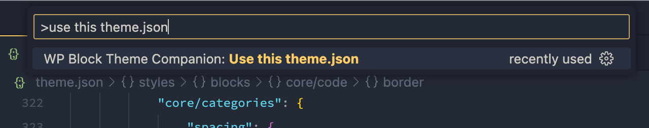 Set theme.json path using command palette