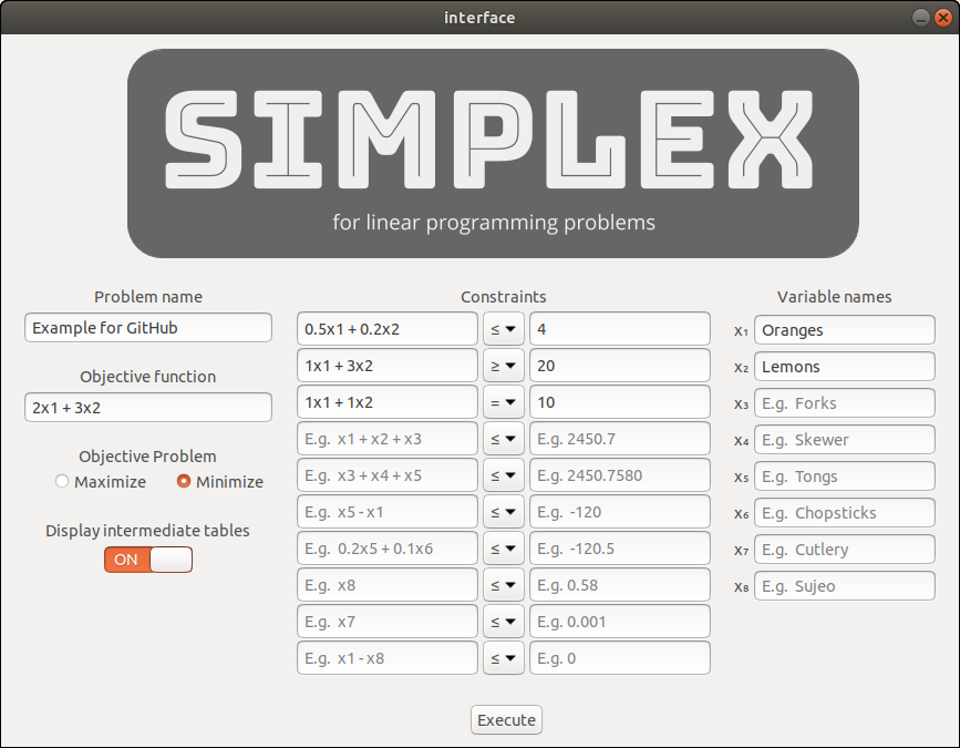 Screenshot of the interface with example data